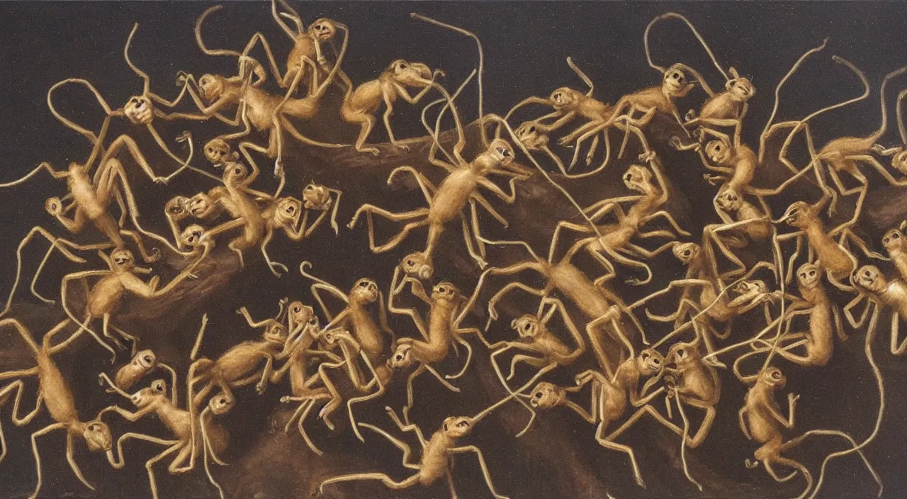 Prompt: ten monkey like ants on a giant ant of monkeys, by most renowned artist of the romanticism, hiperrealism,