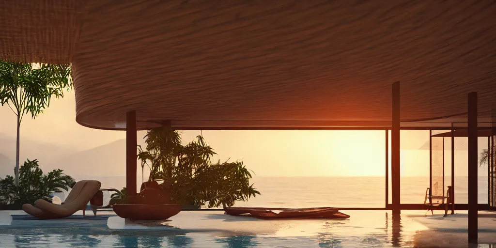 Image similar to a modern bamboo house, tropical modernism, a view of the beach, sunset, photorealism, beautiful, cinematic dramatic atmosphere, volumetric cinematic perfect light, detailed octane render trending on artstation, 8 k, by chris hytha and jag studio