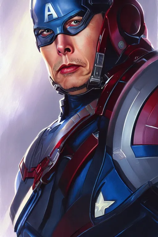 Image similar to elon musk as captain america, marvel character, portrait, highly detailed, digital painting, artstation, concept art, smooth, sharp focus, illustration, cinematic lighting, art by artgerm and greg rutkowski and alphonse mucha