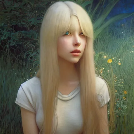 Image similar to A young woman with blonde long hair and bangs in shorts and white shirt drawn by Donato Giancola and Makoto Shinkai, frank frazetta, Alphonse Mucha, background by James Jean and Gustav Klimt, 4k, porcelain skin, volumetric lighting, french nouveau, trending on artstation, octane render, hyperrealistic