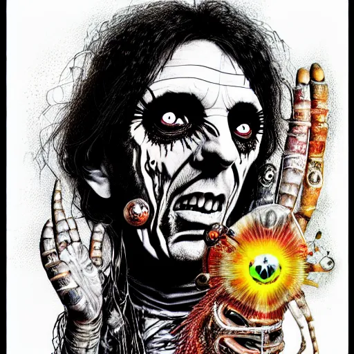 Prompt: graphic illustration, creative design, alice cooper, biopunk, francis bacon, highly detailed, hunter s thompson, concept art, occult, magical