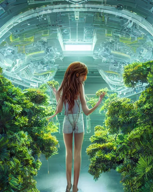 Image similar to beautiful girl!!!!, scifi, futuristic, bright light, highly detailed, concept art, green plants, research complex, school, white building, drones, solar panels, flowers, utopia, sharp focus, trending on artstation, intricate, atmosphere, sunny, art by roman makarenko, dzung phung dinh