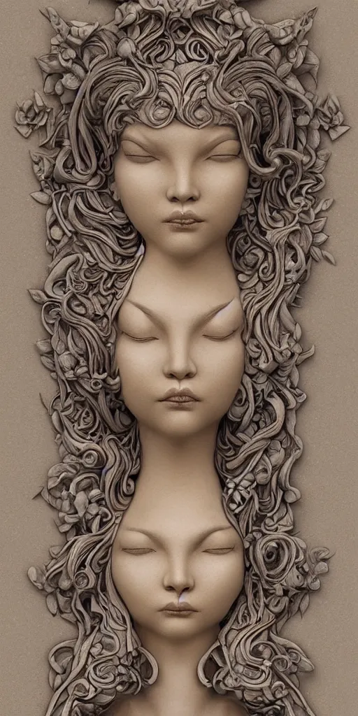 Image similar to a sculpture of mythical creatures by geenss archenti flores, elegant and beautiful female face, carved in stone, intricate, elegant, highly detailed, digital painting by audrey kawasaki, artstation, concept art, ambient occlusion, vray render,