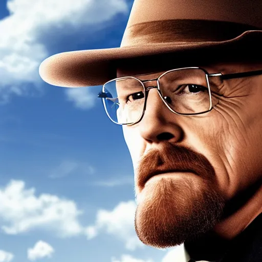 Image similar to photo of heisenberg looking at the sky, from behind, the clouds of the sky are replaced with blue meth