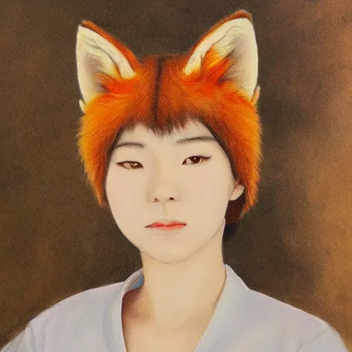 Image similar to a painting of a young Japanese woman with fox ears, realistic, beautiful