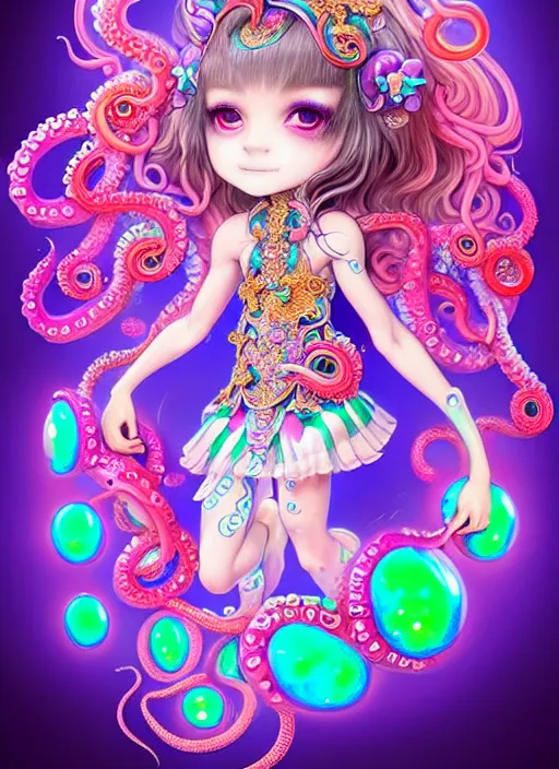 Prompt: A full body shot of a cute young magical girl wearing an ornate dress made of opals and tentacles. Chibi Monster GIrl. Subsurface Scattering. Dynamic Pose. Translucent Skin. Rainbow palette. defined facial features, symmetrical facial features. Opalescent surface. Soft Lighting. beautiful lighting. By Giger and Ruan Jia and Artgerm and WLOP and William-Adolphe Bouguereau and Loish and Lisa Frank. Fantasy Illustration. Sailor Moon. Masterpiece. trending on artstation, featured on pixiv, award winning, cinematic composition, dramatic pose, sharp, details, Hyper-detailed, HD, HDR, 4K, 8K.