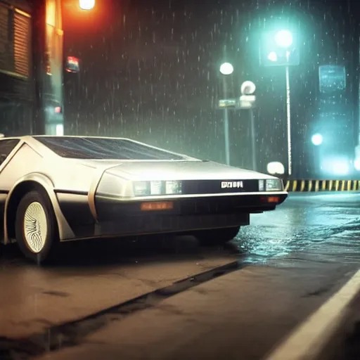 Image similar to hyperdetailed, photorealistic photograph of a dmc 1 2 delorean driving in the streets, rain, night, dense fog, hd, unreal engine 5