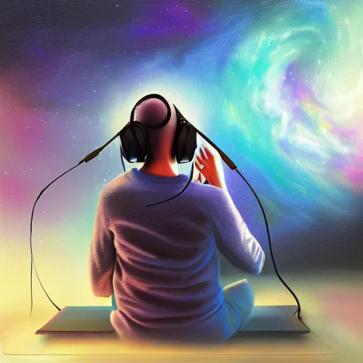 Prompt: long shot of male wearing headphones sitting in space, calm, soothing, relaxed, cosy, quiet, elegant, digital painting, realism, cyberpunk art, acrylic on canvas,