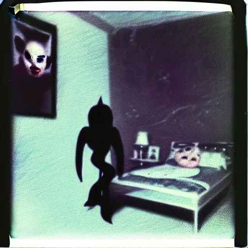 Prompt: cursed polaroid of beautifully ominous creepy sleep paralysis demon sliding inside 1 9 8 0's teeanger cluttered bedroom. weirdcore, liminal, backrooms aesthetic. hyperrealistic, octane render