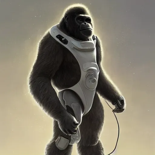 Prompt: science-fiction character portrait of a gorilla wearing a white armored space suit, intricate, wild, highly detailed, digital painting, artstation, shoulders up, concept art, smooth, sharp focus, illustration, art by artgerm and greg rutkowski and alphonse mucha