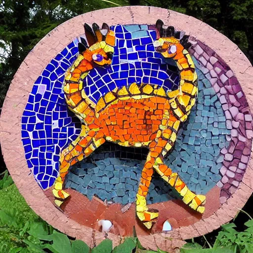 Image similar to mosaic sculpture of a alebrije chimera!!!, irregularly shaped mosaic tiles, pottery shards, in the style of folk art, in a cottagecore flower garden