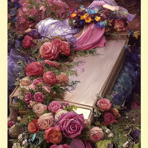 Image similar to an elaborate coffin with a mysterious sleeping beauty holding a large bouquet of flowing flowers, hands hidden under the bouquet, top view, fantasy, regal, intricate, by stanley artgerm lau, greg rutkowski, thomas kindkade, alphonse mucha, loish, norman rockwell