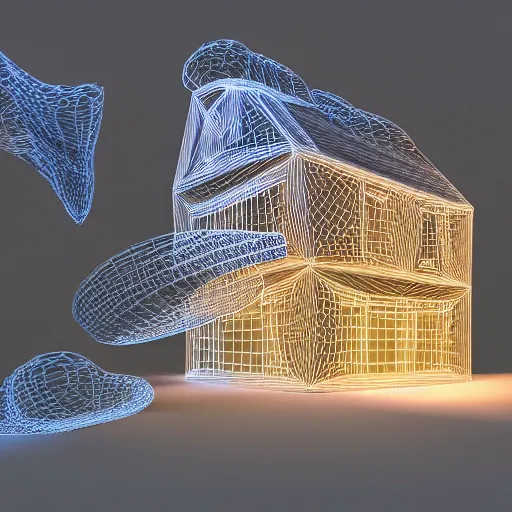 Prompt: three dimensional portrait of a house inspired by data - driven art, generative, coding, particle waves, spirals