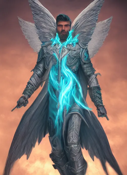 Prompt: An epic fantastic realism comic book style portrait painting of an aasimar hexblade warlock, male, grand angel wings, teal energy, silver hair, short beard, embers flickering, D&D Concept Art, unreal 5, DAZ, hyperrealistic, octane render, cosplay, RPG portrait, dynamic lighting