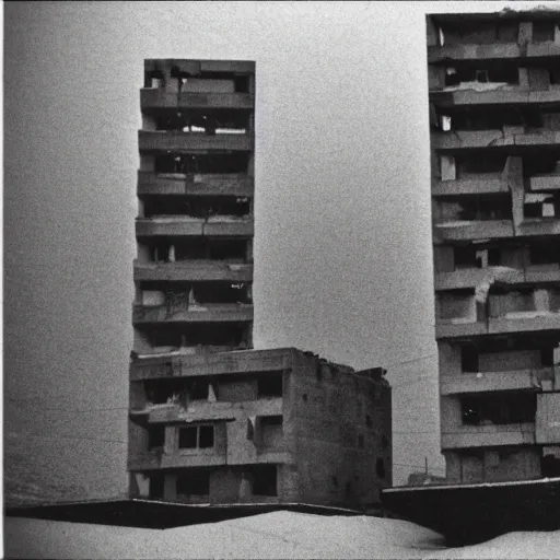 Prompt: nuclear winter in Budapest 1980 brutalist architecture destruction