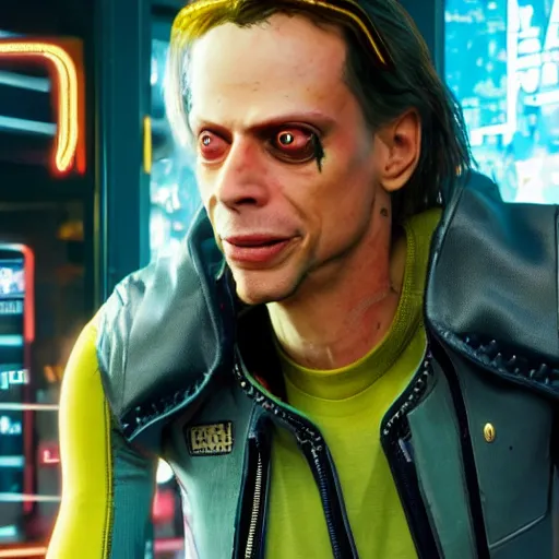 Prompt: screenshot of Steve Buschemi in Cyberpunk 2077