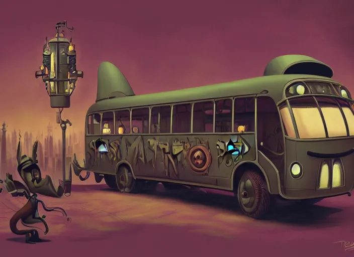 Image similar to matte sharp painting, a steampunk bus, juxtapoz, artforum, gary baseman, preston blair, tex avery, dan mumford, pedro correa