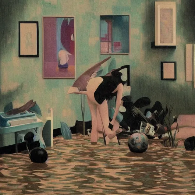 Image similar to tall female emo artists in their flooded apartment, painting of flood waters inside an artist's home, a river flooding indoors, pomegranates, pigs, ikebana, zen, water, octopus, river, rapids, waterfall, black swans, canoe, berries, acrylic on canvas, surrealist, by magritte and monet