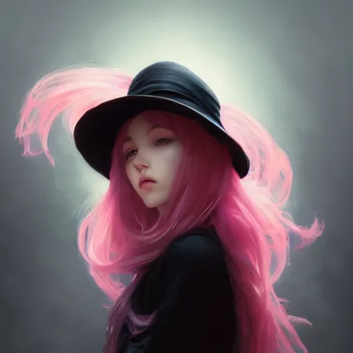 Prompt: a photorealistic dramatic fantasy render of a pink coloured haired young girl with a black wool hat by wlop, artgerm, greg rutkowski, alphonse mucha, beautiful dynamic dramatic dark moody lighting, shadows, cinematic atmosphere, artstation, concept design art, octane render, 8 k