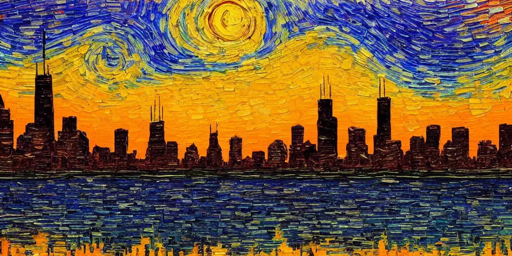 Image similar to painting of the chicago skyline in the style of van gogh sunset