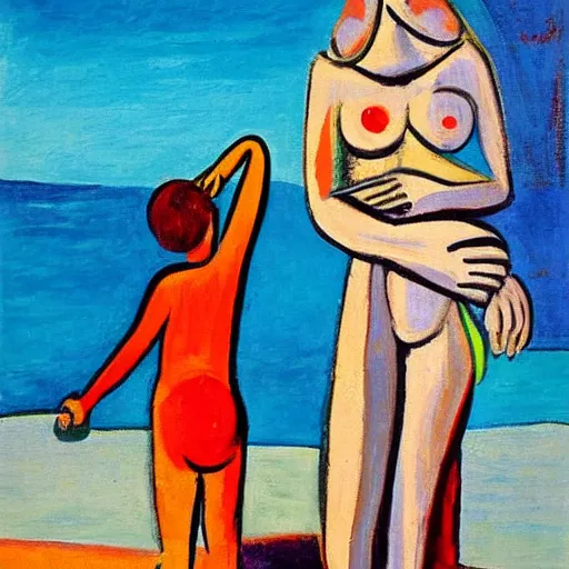 Prompt: A Picasso painting of a mother and a child on a beach