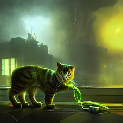 Prompt: moody atmospheric render of a cyborg cat with a chartreuse and teal color scheme by leon tukker