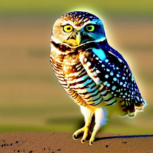 Prompt: the burrowing owl didn't sleep standing or perched, he slept in what could be described as a squat with his short stubby tail supporting him, and his legs splayed out to the sides, burrowing owl doing as described, guardians of gahool