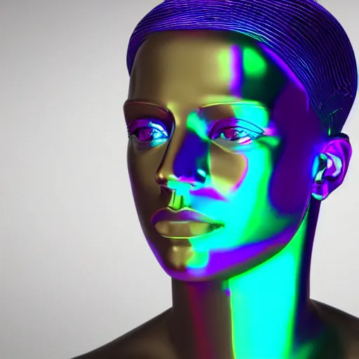 Image similar to 3d render of holographic human robotic head made of glossy iridescent, surrealistic 3d illustration of a human face non-binary, non binary model, 3d model human, cryengine, made of holographic texture, holographic material, holographic rainbow, concept of cyborg and artificial intelligence