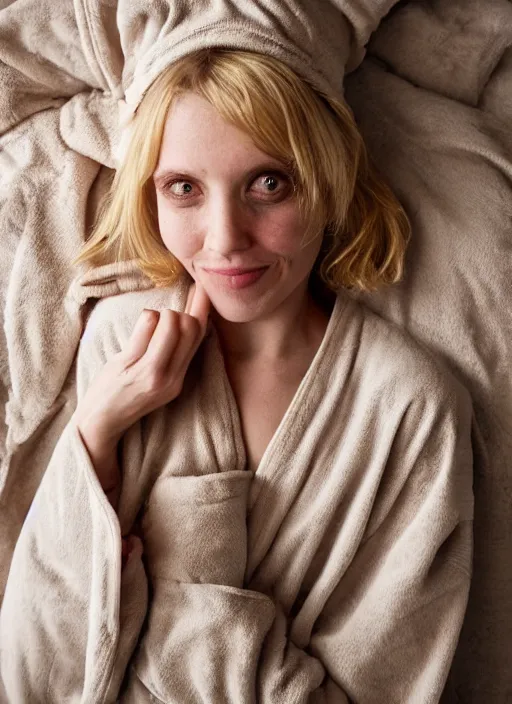 Prompt: homely but adorable blonde woman, underweight, deep scars across left cheek, wearyworn but optimistic expression, wearing beige pajamas and robes