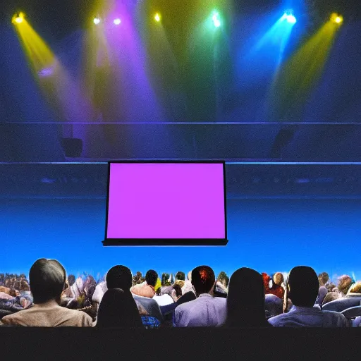 Prompt: cartoon, people listening to presentation on large screen, sitting in a large hall, dim painterly lighting volumetric aquatics, party