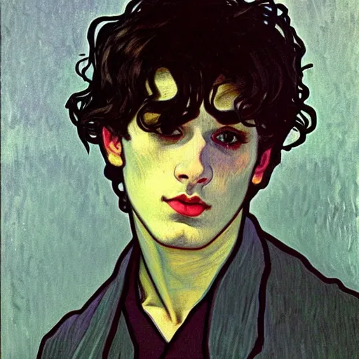 Prompt: painting of young cute handsome beautiful dark medium wavy hair man in his 2 0 s named shadow taehyung at the halloween pumpkin party, somber, depressed, melancholy, sad, elegant, clear, painting, stylized, delicate, soft facial features, delicate facial features, soft art, art by alphonse mucha, vincent van gogh, egon schiele