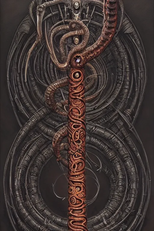 Image similar to masterpiece, infernal caduceus serpent staff, doom, elegant majestic, art by h. r. giger, greg rutkowski, josan gonzalez, alexey egorov, biomechanical, alchemy, monogram