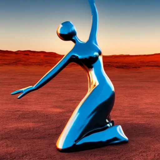 Image similar to 4 k hdr wide angle sony a 7 photo of a stainless steel shiny reflective woman female statue dancing on mars during a blue martian sunset