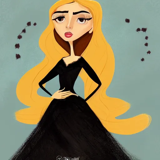 Image similar to portrait of a beautiful female witch in black and golden dress , digital painting , digital art , pixar style , Disney , instagram , trending on artstation