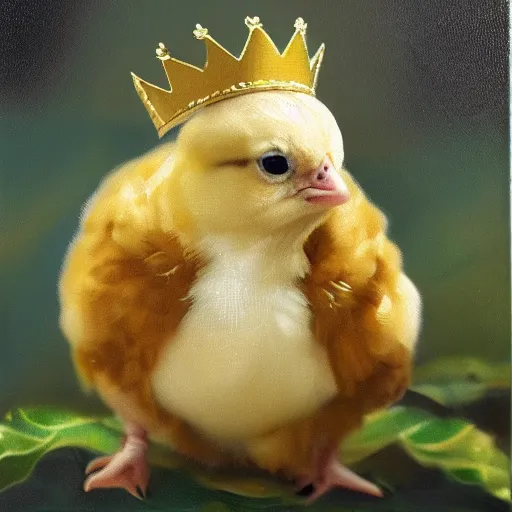 Prompt: a baby chick wearing a golden crown, oil in canvas style