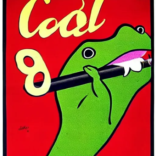 Prompt: A 1960's poster for Camel cigarettes with Camel Joe as a frog smoking a cigarette