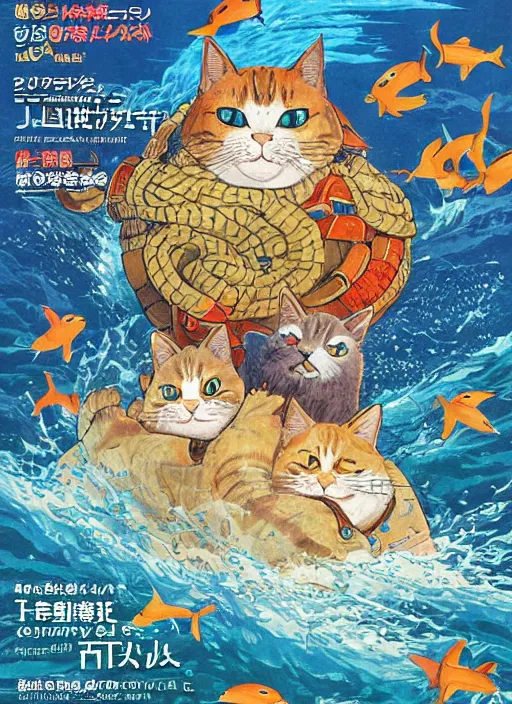 Prompt: japanese magazine cover of one giant cat in the middle of the sea illustrated by miyazaki, hiroyuki kato, keisuke goto, highly detailed, concept art, illustration art