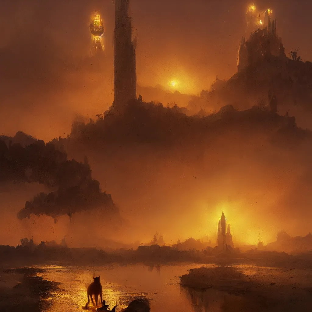 Image similar to lake filed with molten gold, volume lighting, cat on for ground and tower on back ground concept art, by greg rutkowski