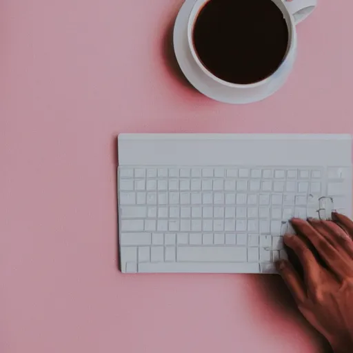 Image similar to a photograph of a person sitting at a desk, looking at laptop, dimly lit bedroom, hot cocoa drink on desk, professional photography, pastel tones, 4 k, 8 k