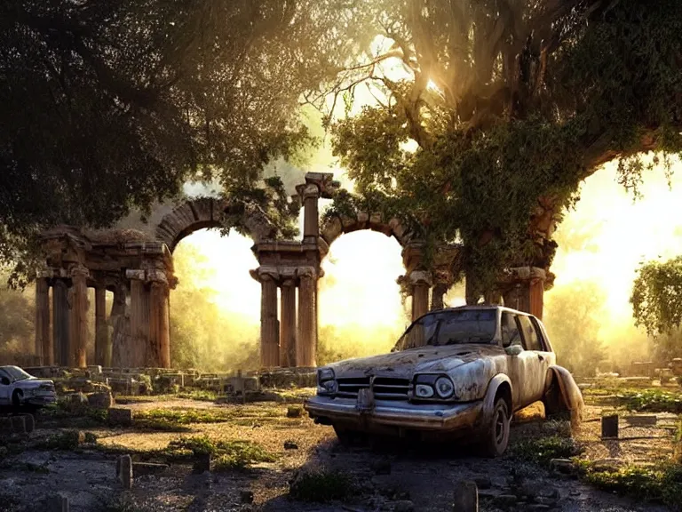 Prompt: a tree growing on a scrap car in ancient greek ruins, gray wasteland, many scrap cars, overgrown, pillars and arches, vines, hyperrealistic, highly detailed, cinematic, ray of golden sunlight, beautiful, cgsociety, artstation, 8 k, oil painting by greg rutkowski, by artgerm, by wlop