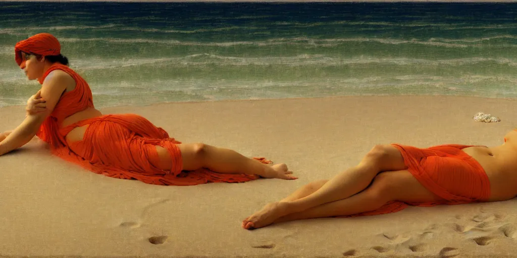 Image similar to woman on the beach ， 4 k resolution, ultra wide angle, by john william godward