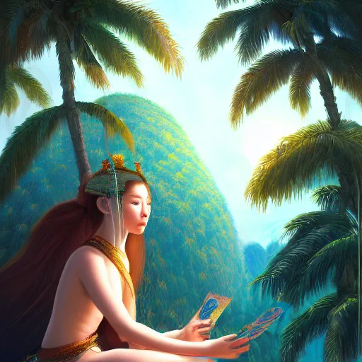 Image similar to a ultradetailed beautiful painting of amazonas by hsiao ron cheng, major arcana mason sparkles sky, and dougherty patrick, trending on artstation, mediterranean, palm trees, light sparkles, major arcana sky, sharp focus, soft light