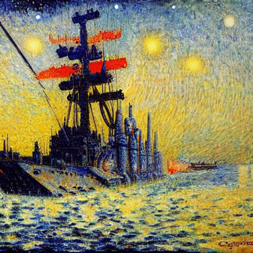 Image similar to star wars battlecruiser by georges lemmen, neo - impressionism, futuristic