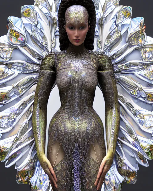 Image similar to a highly detailed metahuman 4 k close up render of an alien goddess bella hadid as alien in iris van herpen dress schiaparelli in diamonds crystals swarovski and jewelry iridescent in style of alphonse mucha gustav klimt trending on artstation made in unreal engine 4