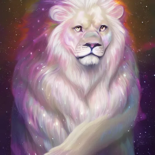 Image similar to aesthetic portrait commission of a albino male furry anthro lion surrounded by soft pastel rainbows while wearing a soft wizard outfit, winter Atmosphere. Character design by charlie bowater, ross tran, artgerm, and makoto shinkai, detailed, inked, western comic book art, 2021 award winning painting