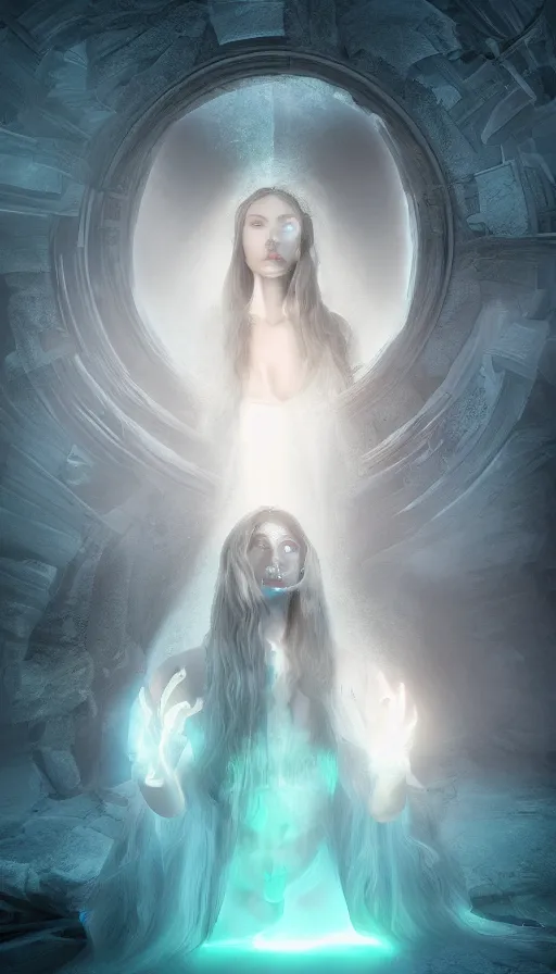 Prompt: goddess of illusion, beautiful, stunning, breathtaking, mirrors, glass, magic circle, magic doorway, fantasy, mist, bioluminescence, hyper - realistic, unreal engine, by jesper esjing