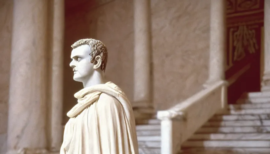 Image similar to 1 9 6 0 s movie still close - up of caligula in white toga bleeding knife wounded on marble stairs, cinestill 8 0 0 t 3 5 mm, high quality, heavy grain, high detail, dramatic light, anamorphic, detailed beard