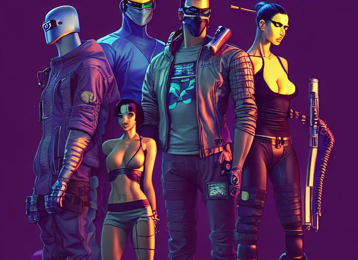 Image similar to cyberpunk ninja squad. portrait by stonehouse and mœbius and will eisner and gil elvgren and pixar. character design. realistic proportions. cyberpunk 2 0 7 7 character art, blade runner 2 0 4 9 concept art. cel shading. attractive face. thick lines. the team. diverse characters. artstationhq.