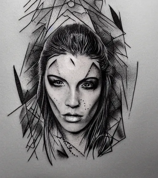 Image similar to amazing blend effect of beautiful mountain scenery with a beautiful woman face, tattoo design sketch, hyper - realistic, in the style of matteo pasqualin, amazing detail, black and white, abstract