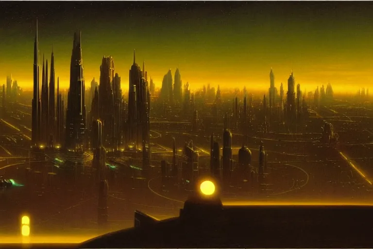 Prompt: a scifi illustration, Night City on Coruscant by martin johnson heade